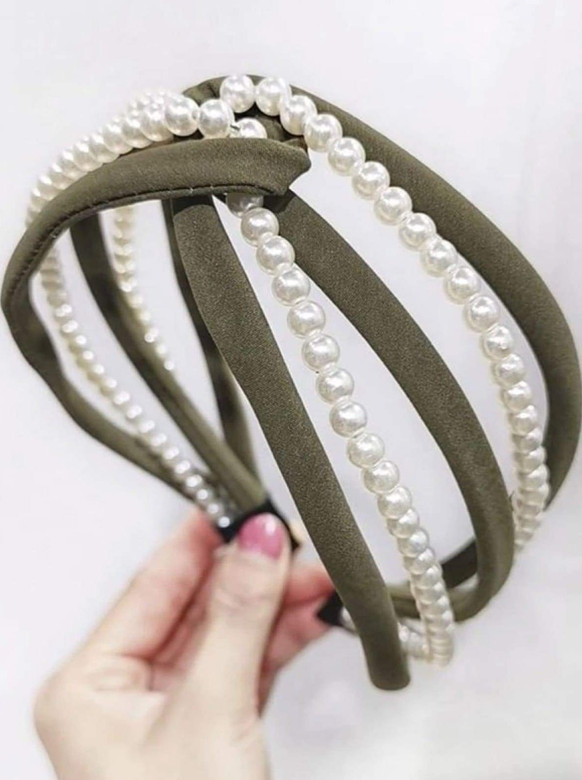 Girls Pearl and Velvet Knot Headband - Green - Hair Accessories