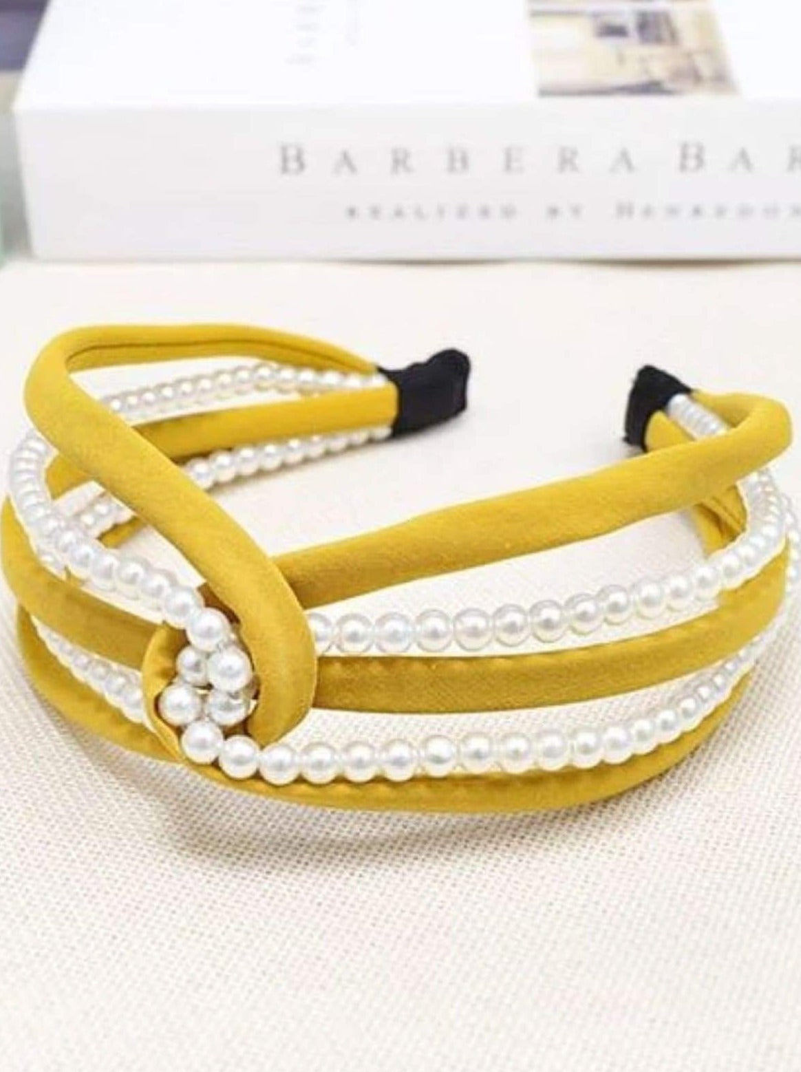Girls Pearl and Velvet Knot Headband - Yellow - Hair Accessories