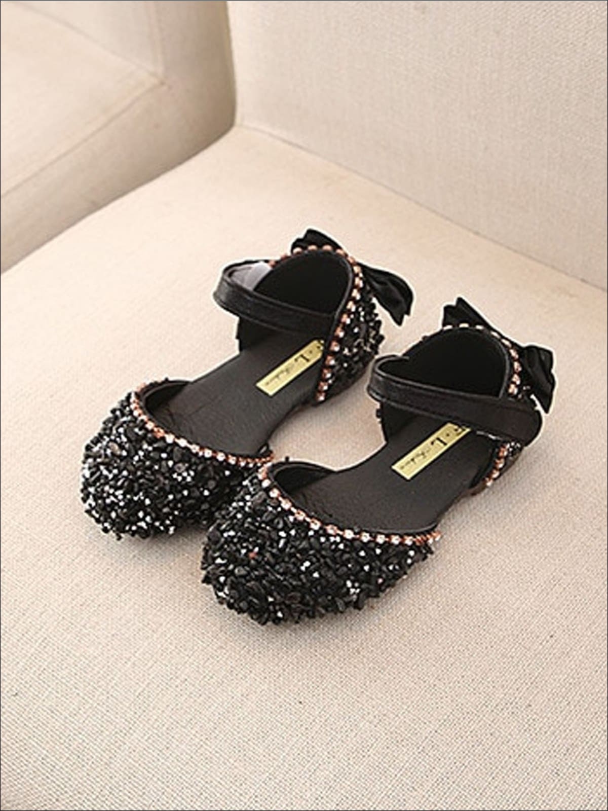 Girls Princess Sequined Bow Back Flats - Black / 1 - Girls Flats