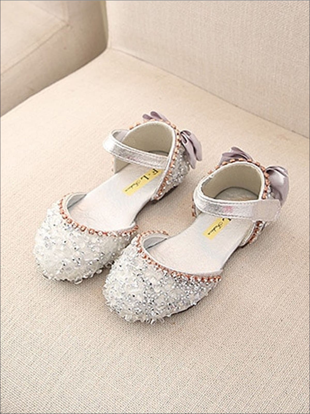 Girls Princess Sequined Bow Back Flats - Silver / 1 - Girls Flats