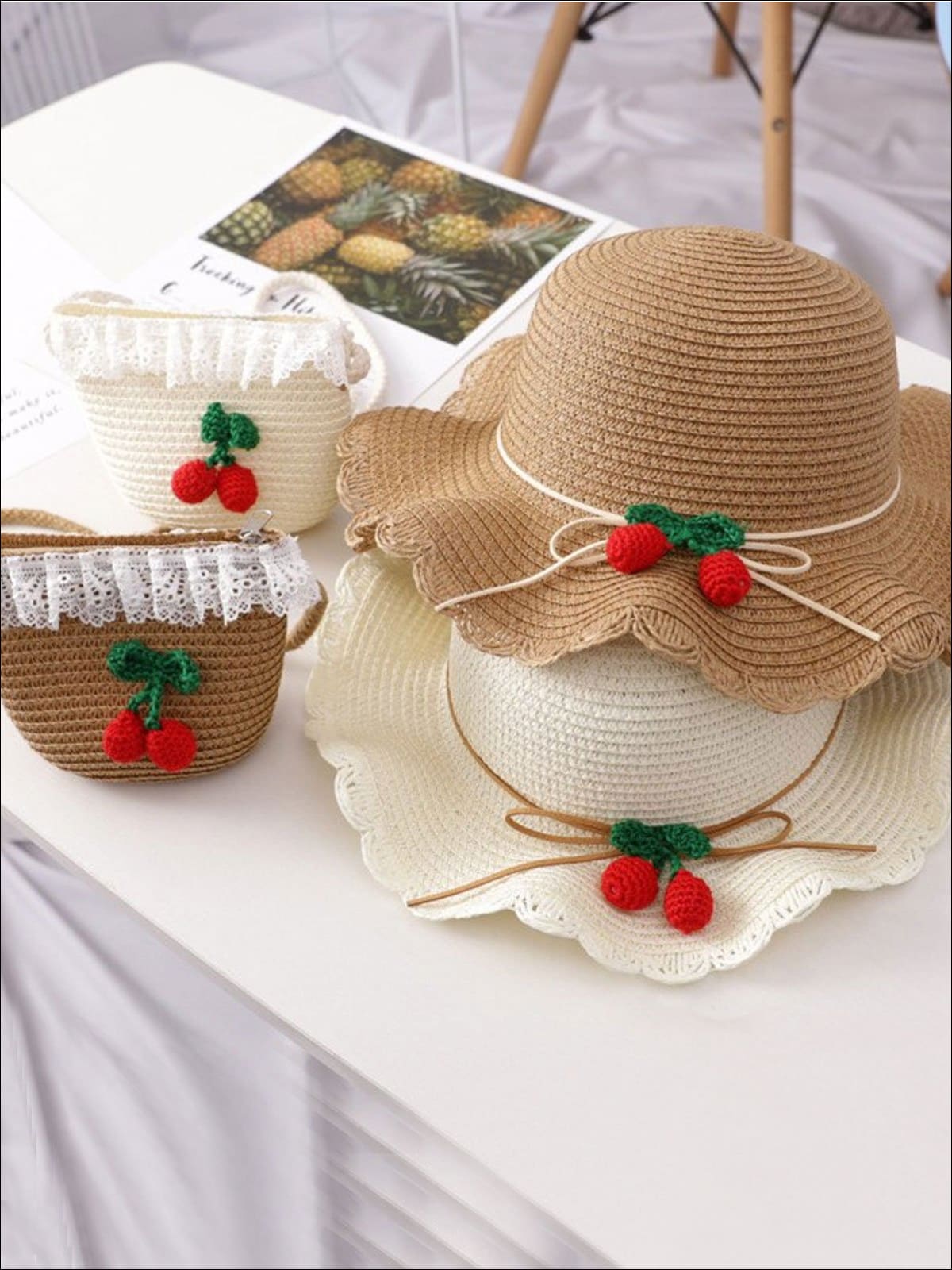 Girls Retro Straw Hat and Matching Mini Purse With Cherries - Girls Hats