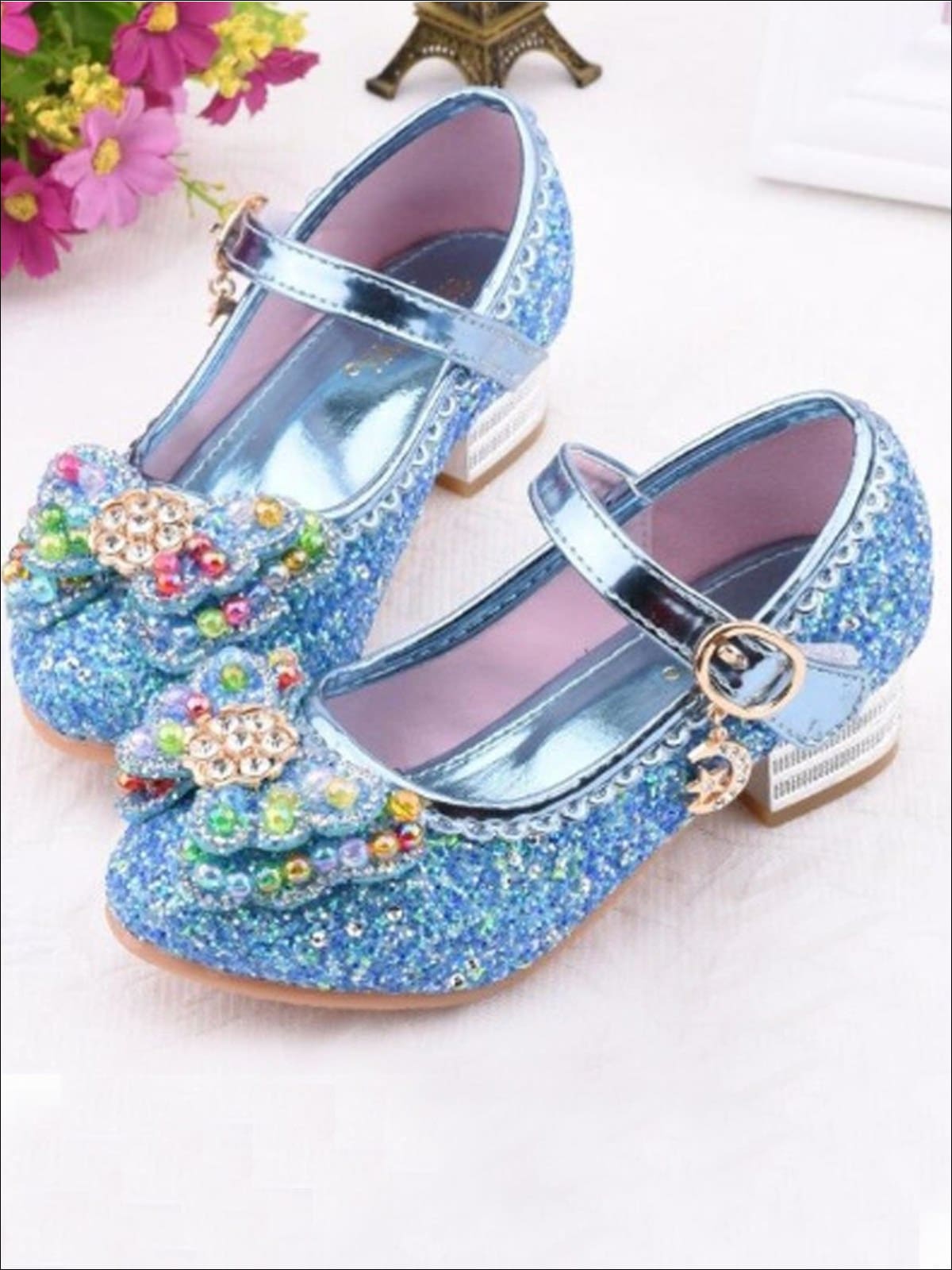 Girls Rhinestone Embellished Flats With Bow (4 Color Options) - Blue / 1 - Girls Flats