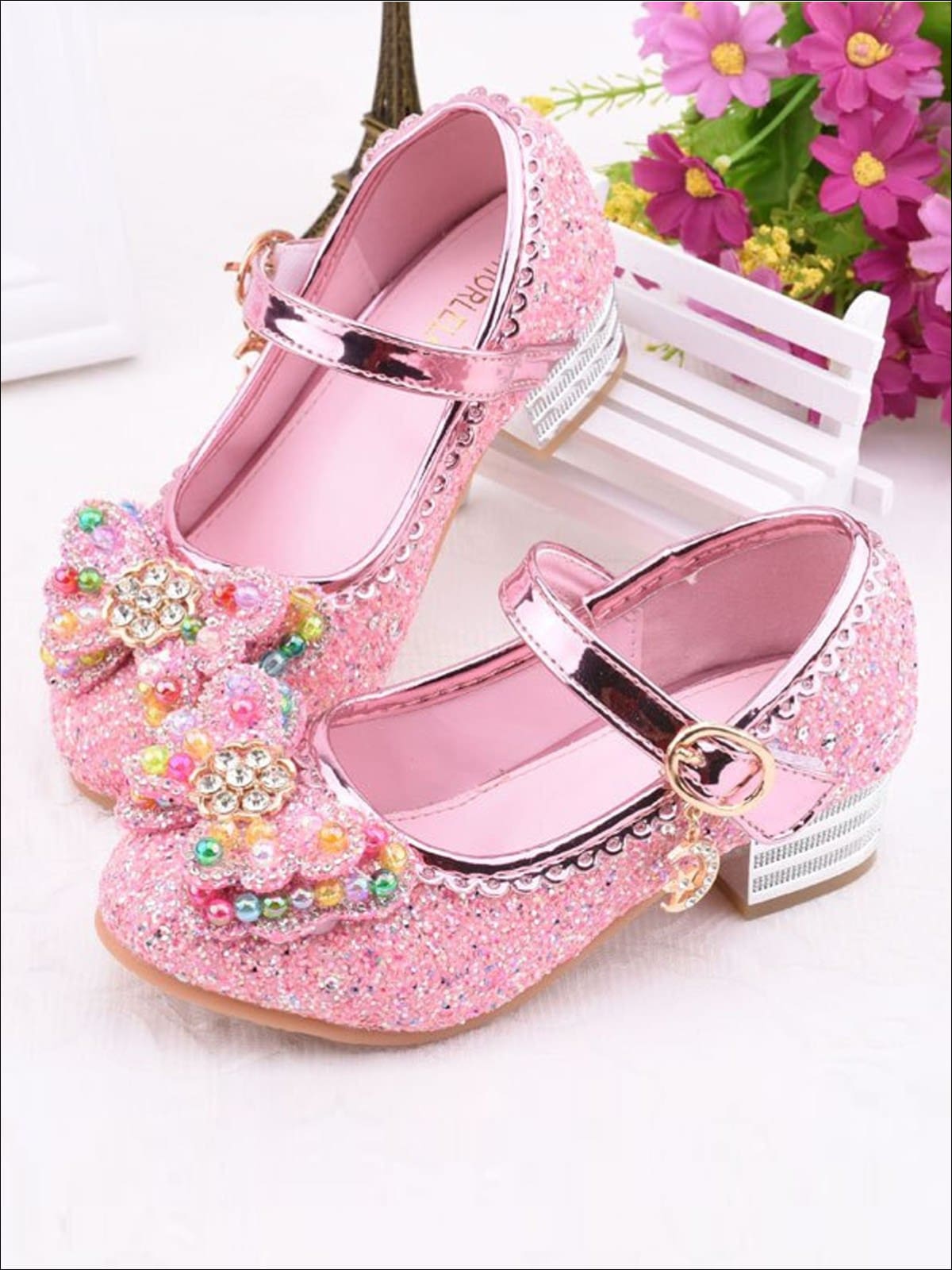 Girls Rhinestone Embellished Flats With Bow (4 Color Options) - Pink / 1 - Girls Flats