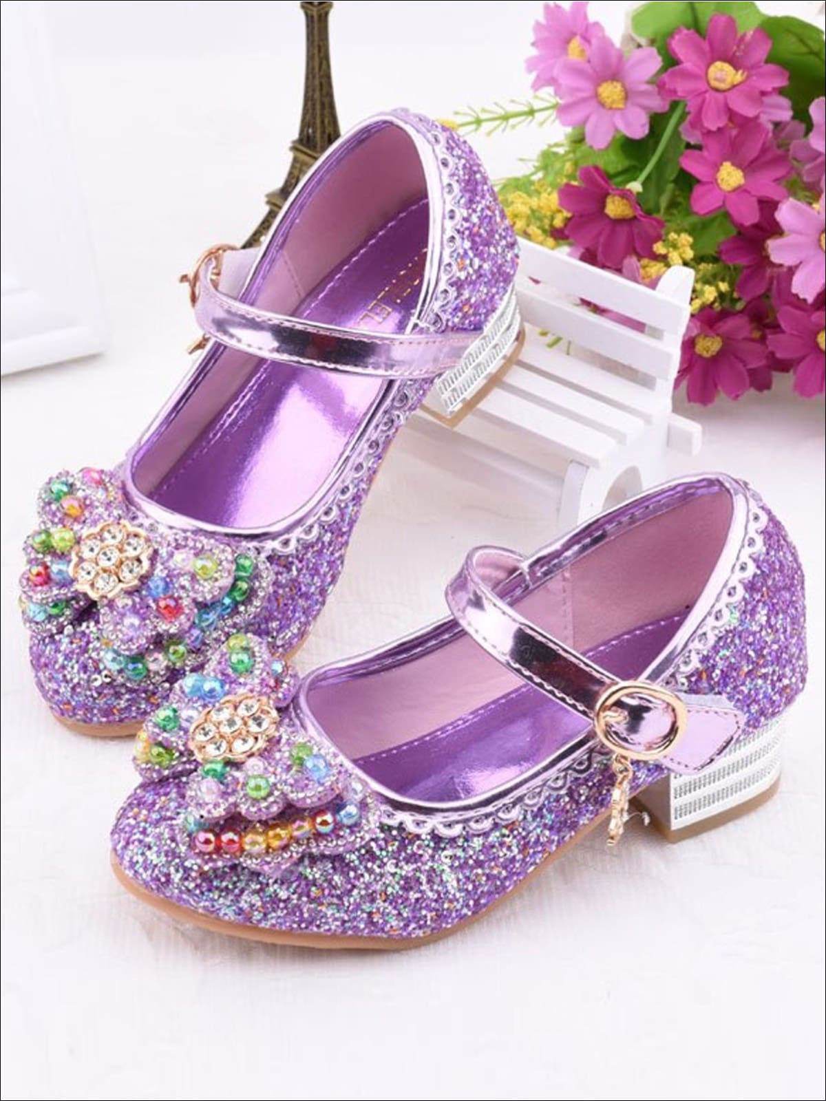Girls Rhinestone Embellished Flats With Bow (4 Color Options) - Purple / 1 - Girls Flats