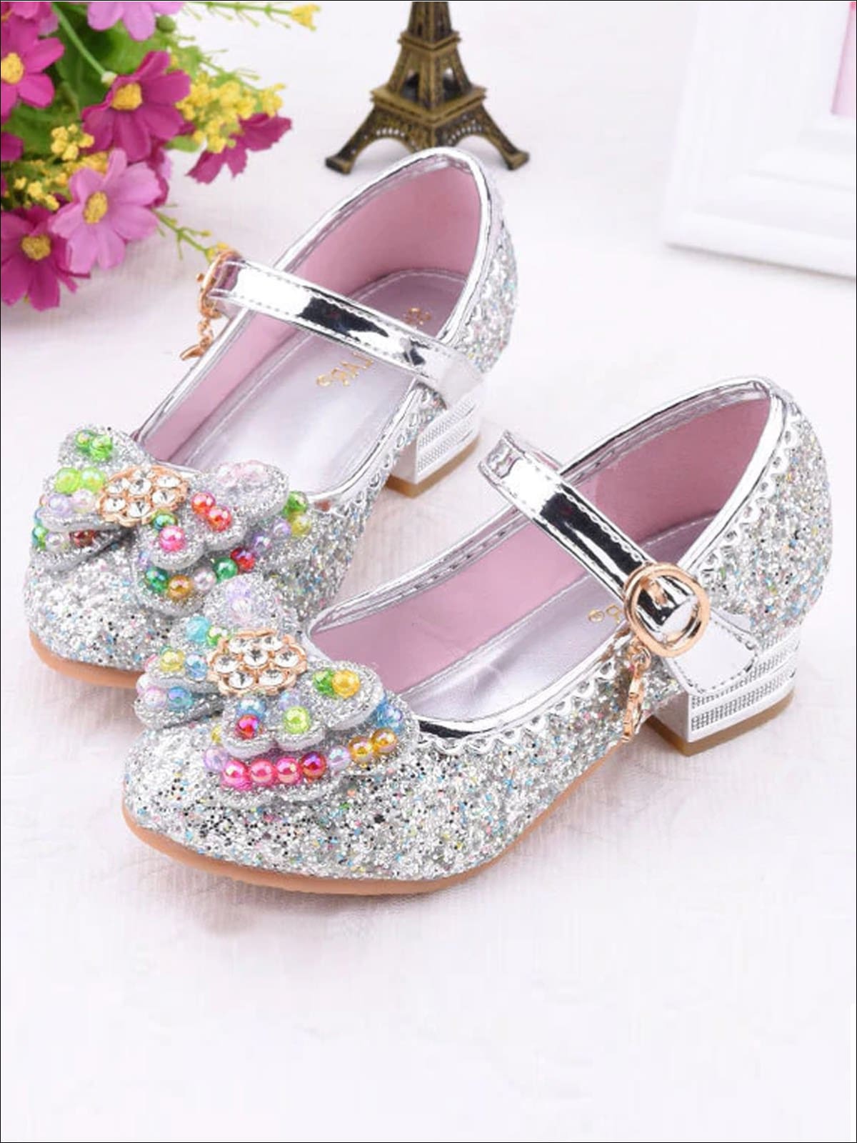 Girls Rhinestone Embellished Flats With Bow (4 Color Options) - Silver / 1 - Girls Flats