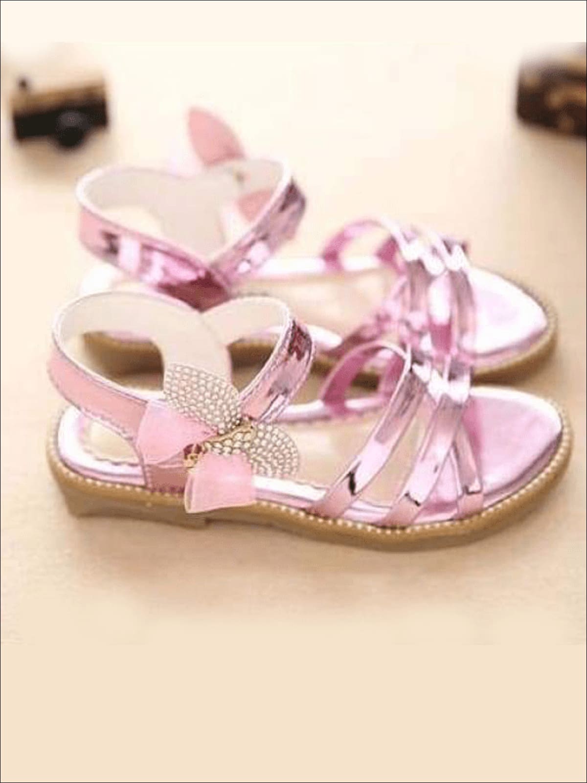 Little Girls Shiny Metallic Butterfly Velcro Sandals - Mia Belle Girls