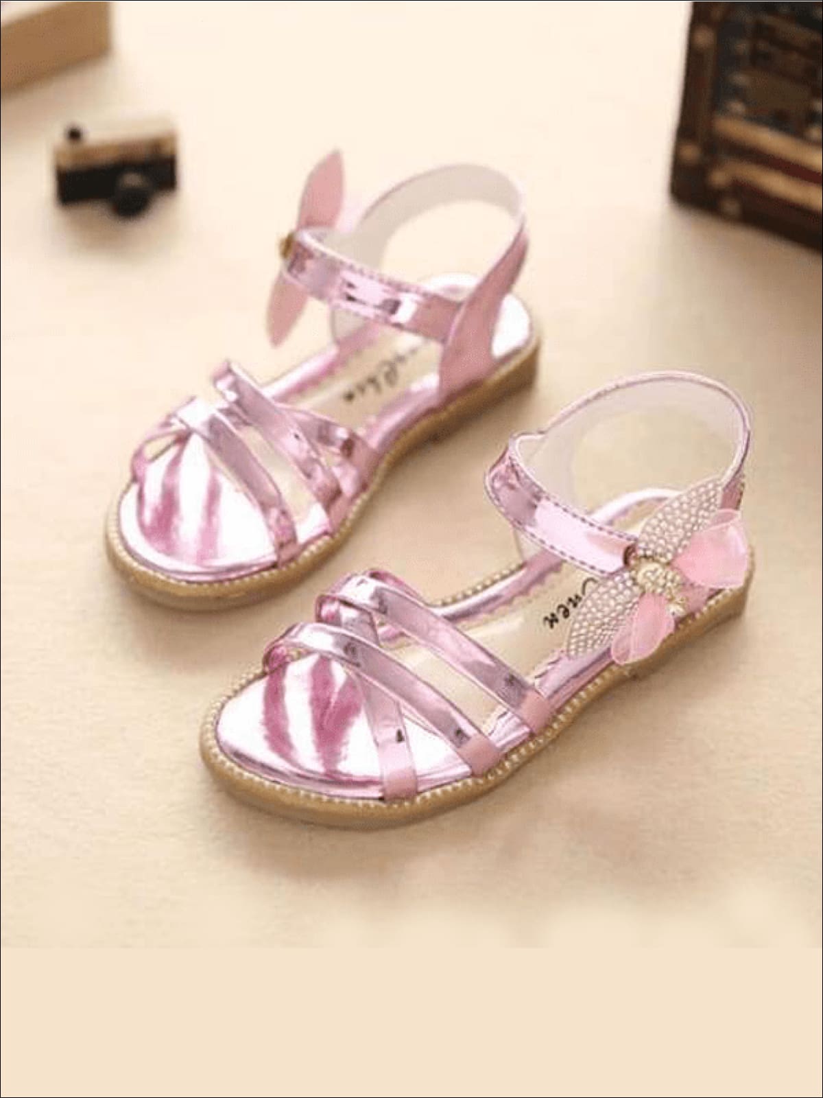 Little Girls Shiny Metallic Butterfly Velcro Sandals - Mia Belle Girls