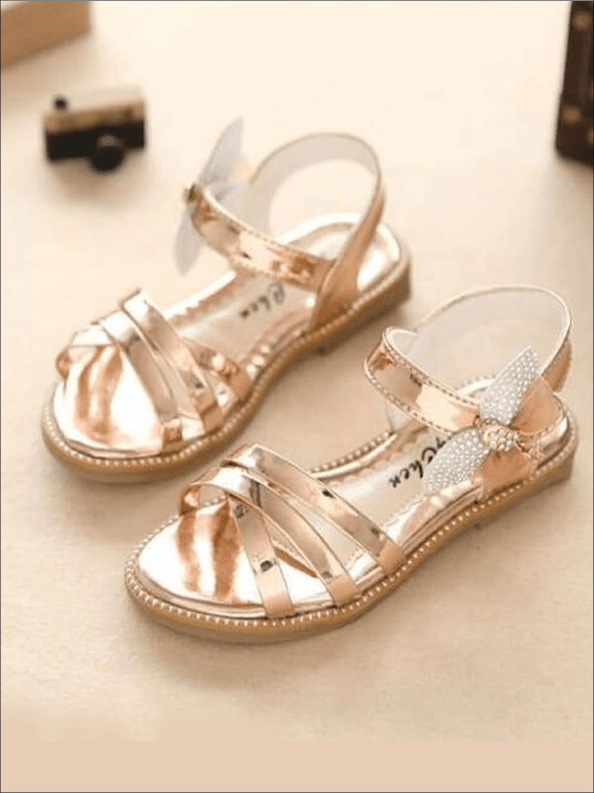 Little Girls Shiny Metallic Butterfly Velcro Sandals - Mia Belle Girls