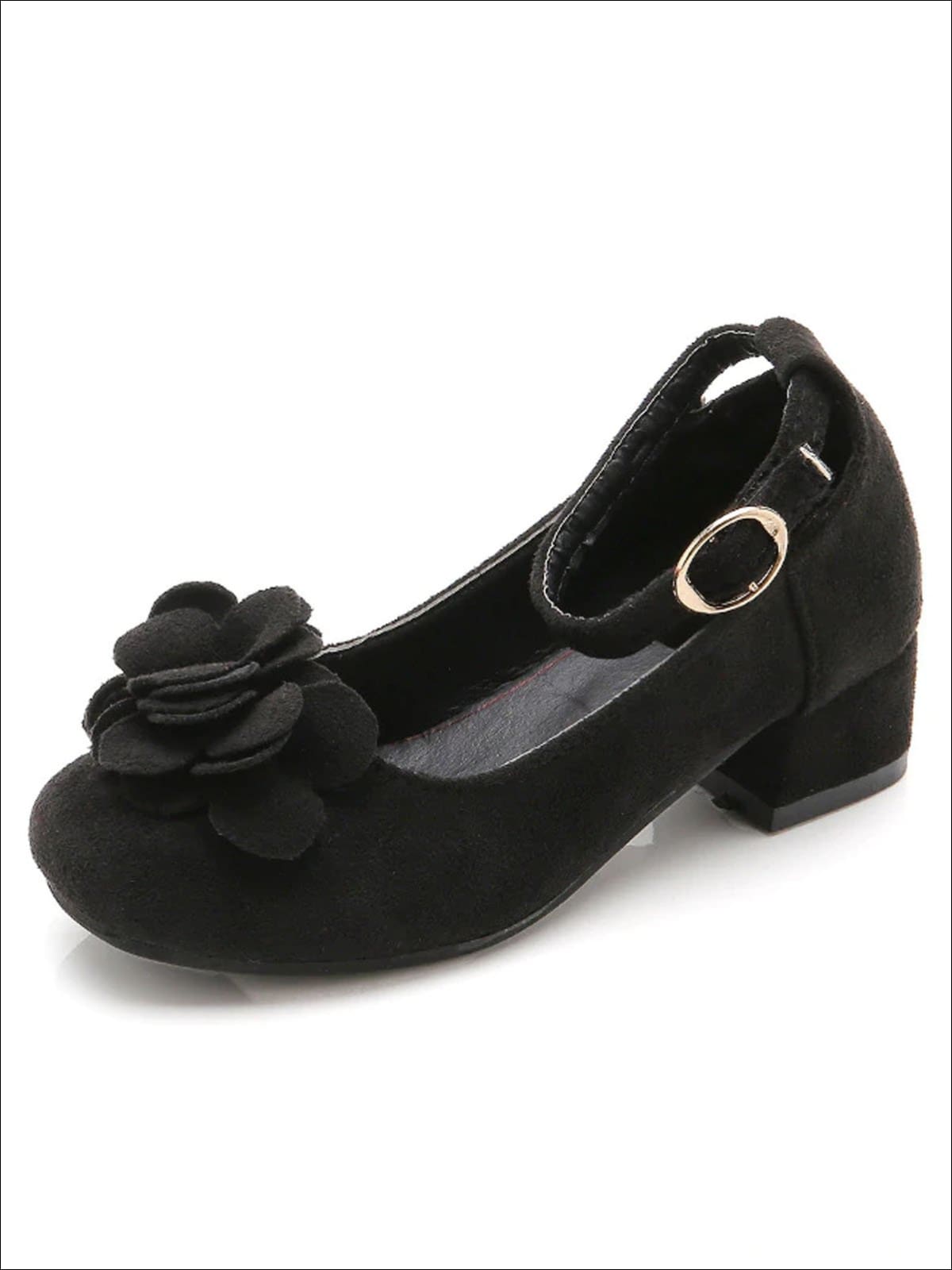 Girls Suede Flower Embellished Flats - Black / 10 - Girls Flats