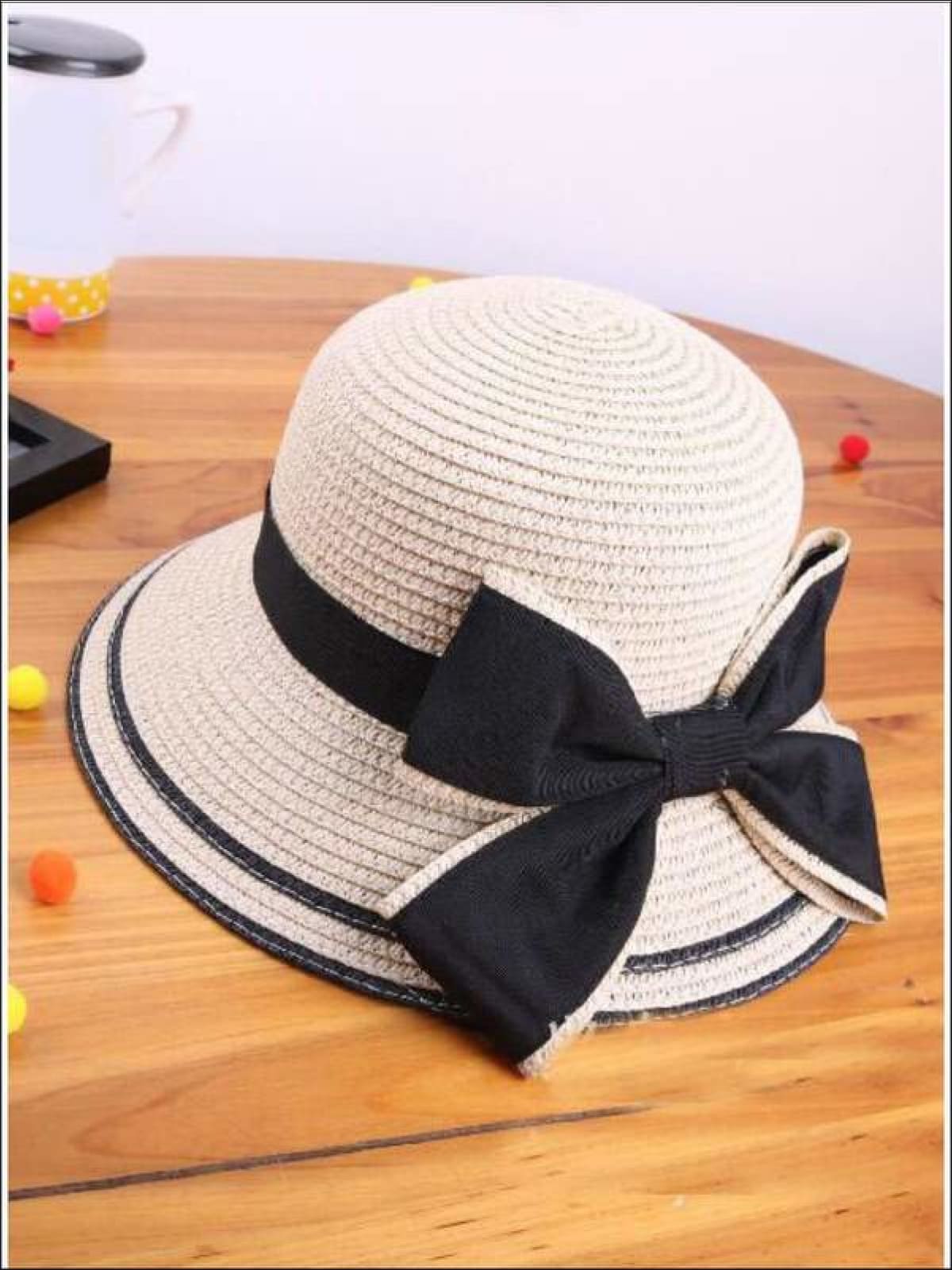 Girls White Vintage Style Black Bow Tie Cloche Hat - Girls Hats